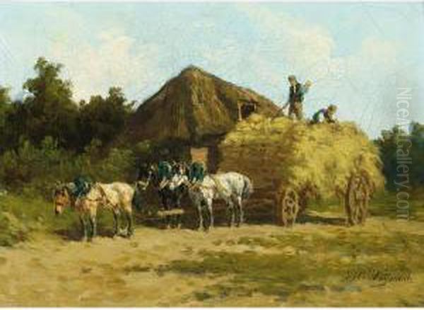 Unloading The Haywagon Oil Painting by Hermanus Charles Christiaan Bogman