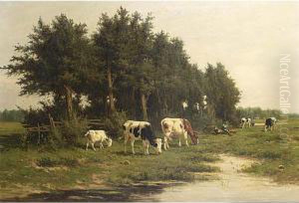 A Peasant With His Cattle In An Extensive Landscape Oil Painting by Hermanus Charles Christiaan Bogman