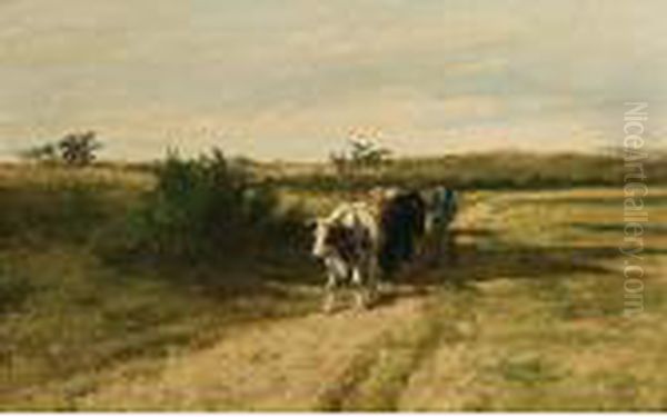 A Peasant With His Cattle On A Country Road Oil Painting by Hermanus Charles Christiaan Bogman