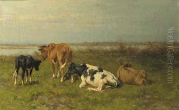 A Polder Landscape With Cows Near The Water Oil Painting by Hermanus Charles Christiaan Bogman