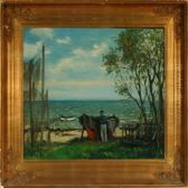 Coastal Scenery With A Fisherman By His Boat Oil Painting by Christian Bogo