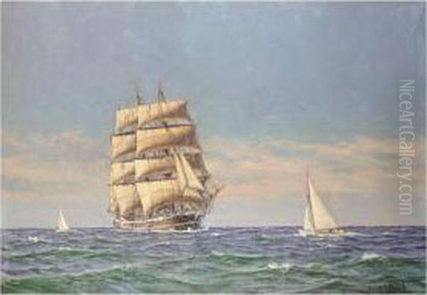 A Tall Ship With Sailing Boats Oil Painting by Christian Bogo