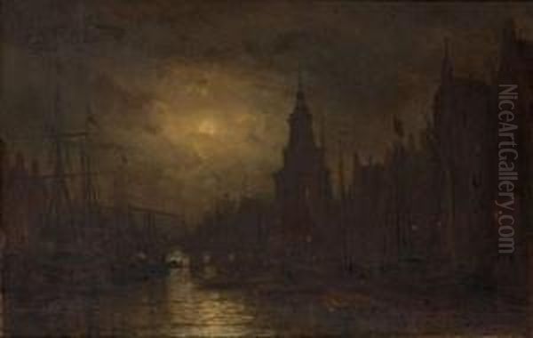 Amsterdam By Moonlight Oil Painting by Aleksei Petrovich Bogolyubov