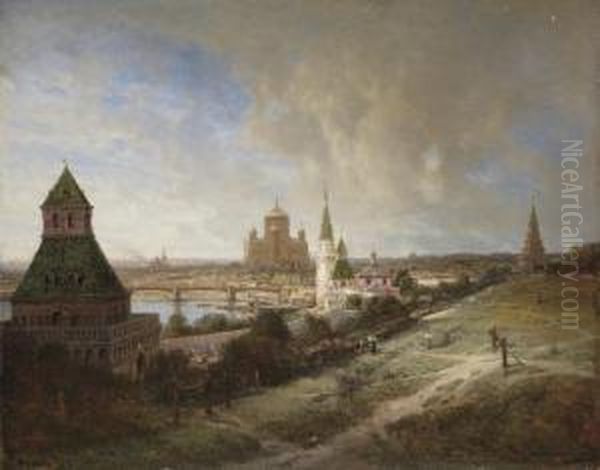 Moscow. View Of The Cathedral Of Christ The Saviour From The Kremlin Oil Painting by Aleksei Petrovich Bogolyubov