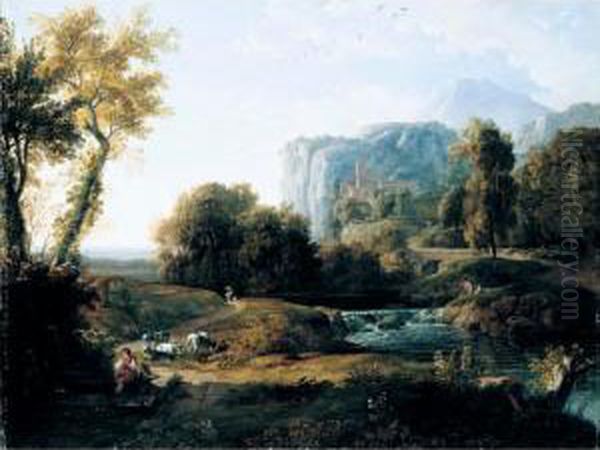 An Italianate Landscape With A Shepherd And Fishermen By A Stream Beyond Oil Painting by Nicolas-Didier Boguet