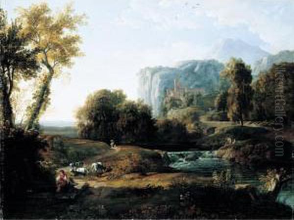 An Italianate Landscape With A Shepherd And Fishermen By A Stream Beyond Oil Painting by Nicolas-Didier Boguet