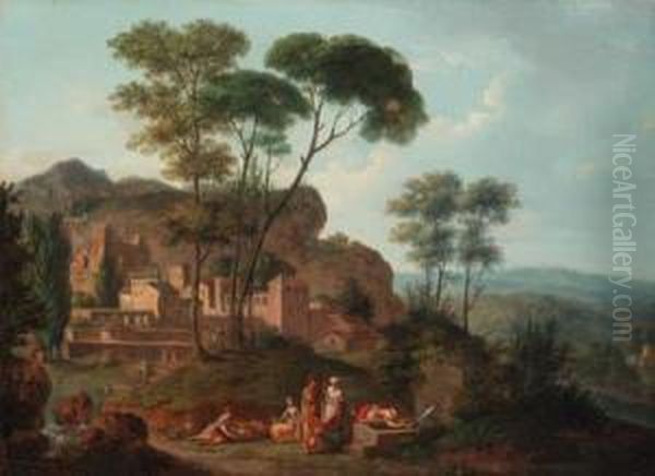 An Italianate Landscape With Figures Resting By A Fountain, A Townbeyond Oil Painting by Nicolas-Didier Boguet