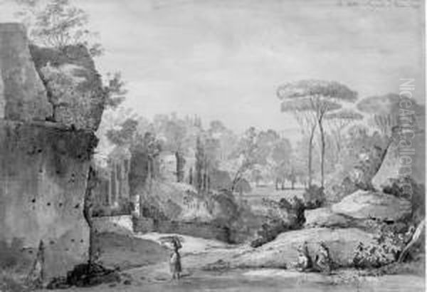 View Of The Roman Walls In The 
Gardens Of The Villa Borghese; Viewof The Ruins Of The Temple In Monte 
Cavo Near Frescati; The Road Tonaples; And View Of The Isle Of Sora Oil Painting by Nicolas-Didier Boguet