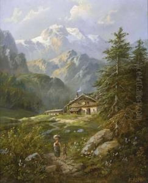 Gebirgslandschaft Mit Almhutte Oil Painting by Eduard Boehm