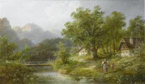 Waterside Landscape With Walkers Oil Painting by Eduard Boehm