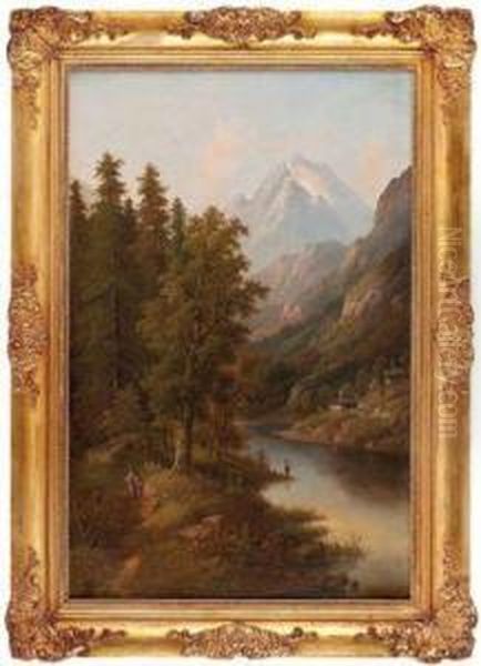 Gipfel Uber Bergsee Mitpersonenstaffage Oil Painting by Eduard Boehm