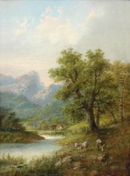 Alpine Landscape With Grazing Cattle Oil Painting by Eduard Boehm