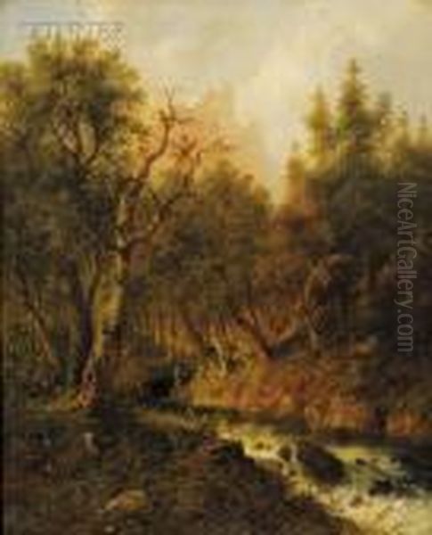 Deer By A Woodland Stream Oil Painting by Eduard Boehm