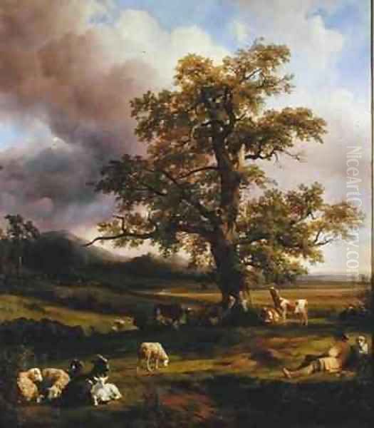 Animals Resting around a Large Oak Tree Oil Painting by Jacques-Raymond Brascassat