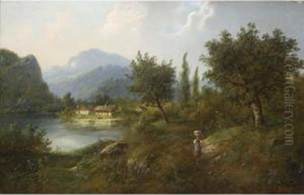 Mountain Landscape With Lake And House Oil Painting by Eduard Boehm