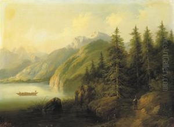 Partie Aus Tirol: In A Mountainous Landscape Oil Painting by Eduard Boehm