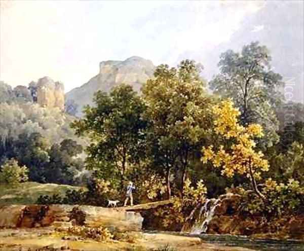 Hunter crossing a bridge over a river Oil Painting by Jacques-Raymond Brascassat