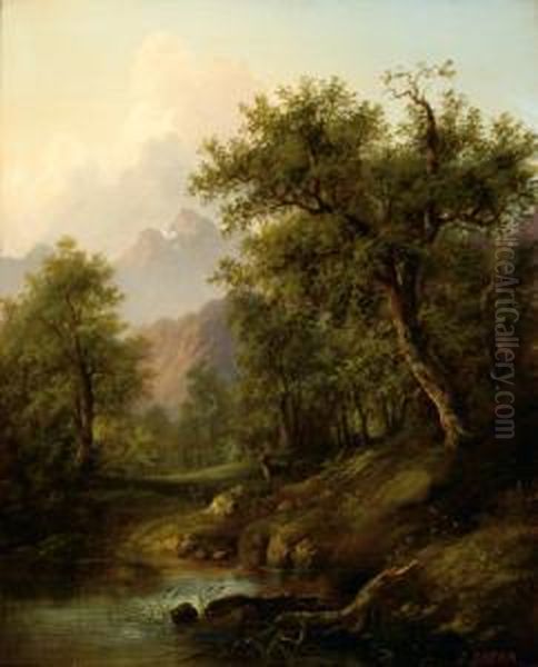 View Of A Lake In A Mountain Landscape Oil Painting by Eduard Boehm