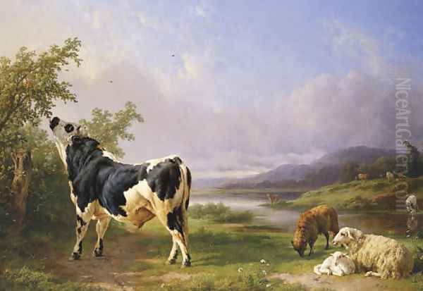 Boeufs et moutons au paturage Oil Painting by Jacques-Raymond Brascassat