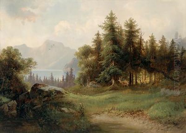 Rehe Auf Einer Waldlichtung Oil Painting by Eduard Boehm