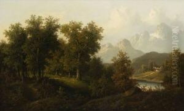 Waldlandschaft Mit
 Wanderer. Oil Painting by Eduard Boehm