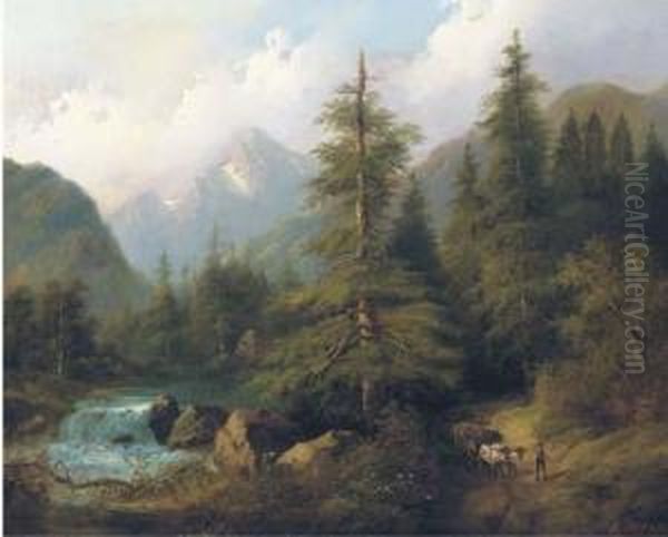 Travelling Through An Alpine Valley Oil Painting by Eduard Boehm