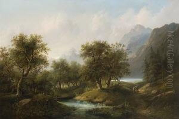 Wanderndes Bauernpaar Am Wasser In
 Gebirgslandschaft. Oil Painting by Eduard Boehm