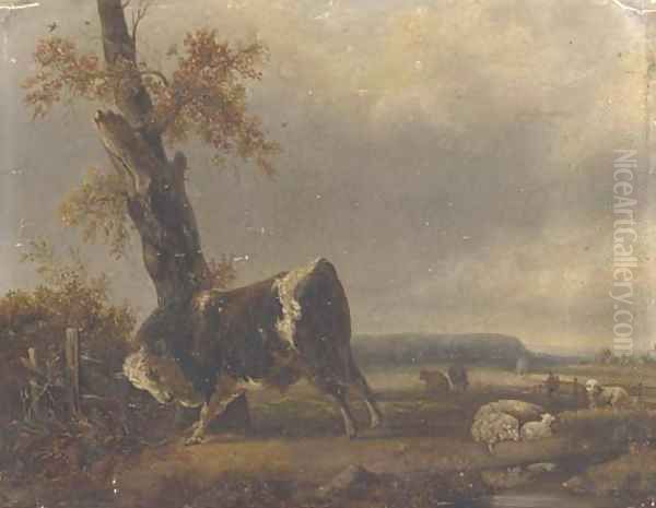 A river landscape with a bull and sheep in the background Oil Painting by Jacques-Raymond Brascassat