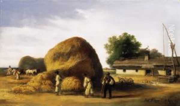 Gathering Hay Oil Painting by Pal Bohm