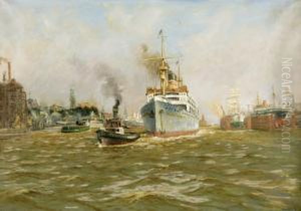 Derdampfer Adolph Woermann Verlast Den Hamburger Hafen by Hans Bohrdt