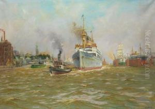 Der Dampfer Adolph Woermann Verlasst Den Hamburger Hafen Oil Painting by Hans Bohrdt