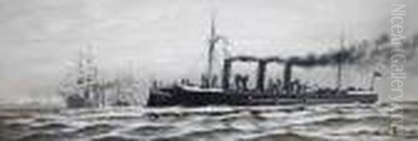 Kleines Kriegsschiff Der 
Kaiserlichen Marine In Begleitung Groser Dampfsegelschiffe Vor Kuste Mit
 Leuchtturm Oil Painting by Hans Bohrdt