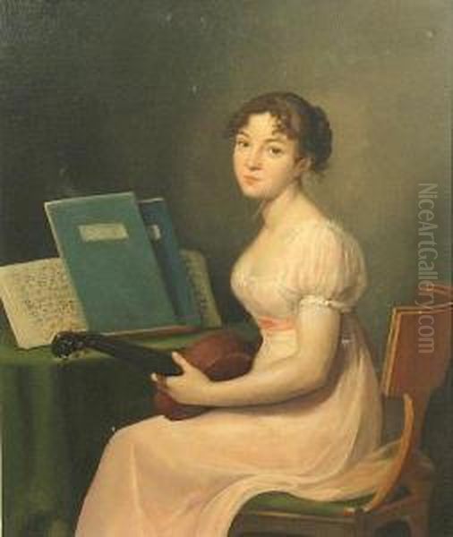 A Girl In A Pink Dress Holding A Guitar Oil Painting by Julien Leopold Boilly