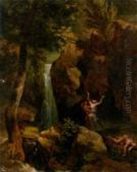 Allegorical Figures Before A Waterfall In A Wooded Glade Oil Painting by Antoine Felix Boisselier