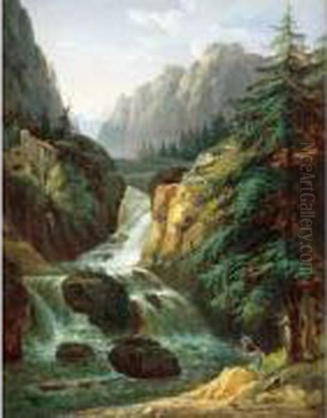 Pecheurs Pres D'une Cascade Dans Les Environs De Cauterets, Le Massif De Vignemale Oil Painting by Antoine Felix Boisselier