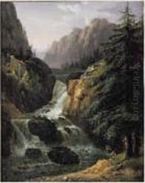 Paysage De Cascade Anime De Pecheurs Oil Painting by Antoine Felix Boisselier