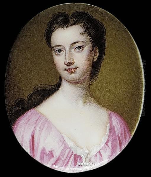 A Lady, Wearing Pink Dress With 
White Underslip And Pearl Bar Brooch At Her Corsage, Her Dark Hair 
Falling Over Her Right Shoulder Oil Painting by Charles Boit