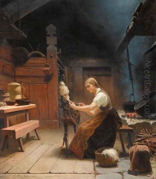 Woman Spinning Wool (Kvinne ved rokken i bondeinteriør) Oil Painting by Knud Bergslien