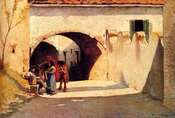 Conversation On A Village Street Oil Painting by Odoardo Borrani