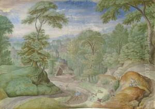 A Wooded Landscape With Hunters, A Town Beyond Oil Painting by Hans Bol