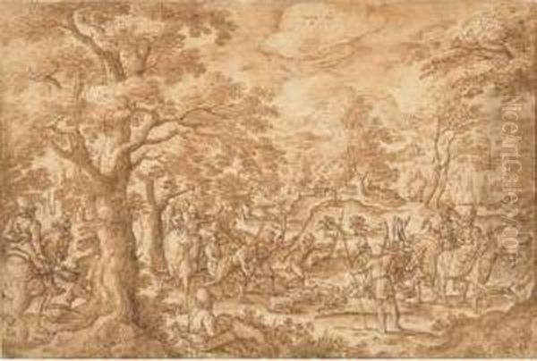 A Stag Hunt With Huntsmen Holding A Stag At Bay Oil Painting by Hans Bol