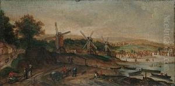 Three Windmills Before A Coastal Village, With Travellers On A Path In The Foreground Oil Painting by Hans Bol