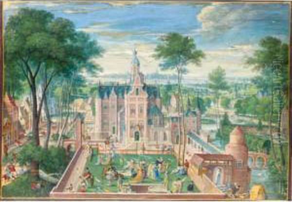 View Of A Castle, With Elegant 
Figures In The Walled Garden, A Village And Landscape Beyond Oil Painting by Hans Bol