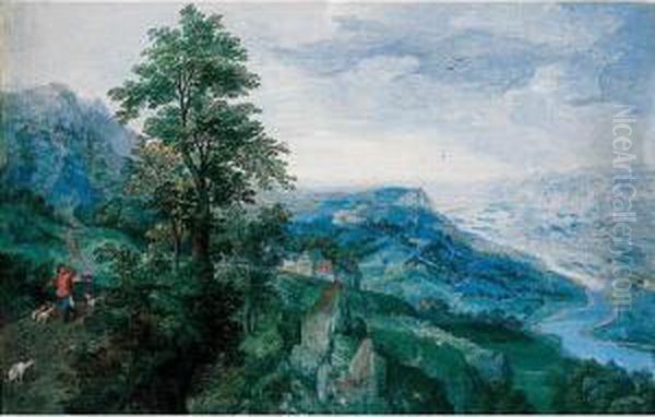 A Panoramic Landscape Of A River
 Valley, With A Sportsman On A Road To The Left, And A Village In The 
Centre Oil Painting by Hans Bol