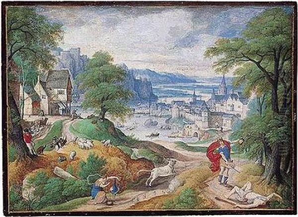 Mountainous River Landscape With
 Juno And The Peacock, And Mercury Holding The Head Of Argus In The 
Foreground, A Village And A Riverside Town Behind Oil Painting by Hans Bol