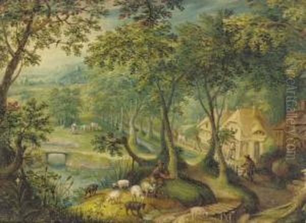 A Wooded Landscape With A 
Shepherd And Sheep On A Track With Figures Before Cottages Beyond Oil Painting by Hans Bol