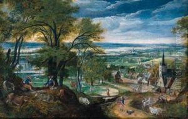 Mercury Playing The Flute As 
Argus Falls Asleep And Mercury Slayingargus, A Village And A River 
Valley Beyond Oil Painting by Hans Bol