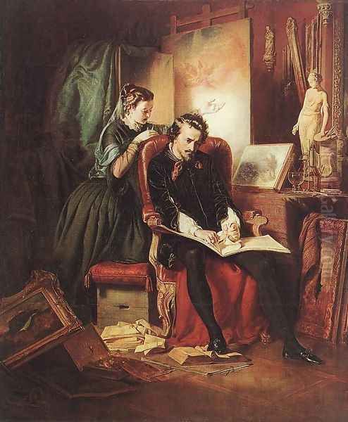 Az elegedetlen festo (Krizis egy festo eleteben), 1852 Oil Painting by Jozsef Borsos