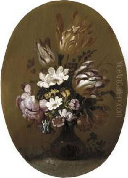 Parrot Tulips, Roses And Other Flowers In A Glass Vase Oil Painting by Hans Bollongier