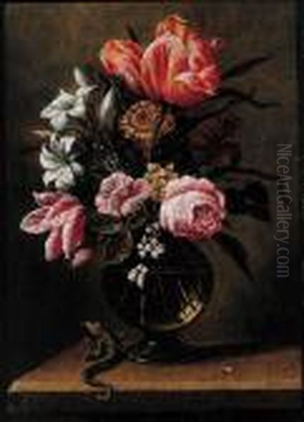 Tulips, Roses, Carnations And 
Other Flowers In A Glass Vase With Alizard On A Wooden Ledge Oil Painting by Hans Bollongier